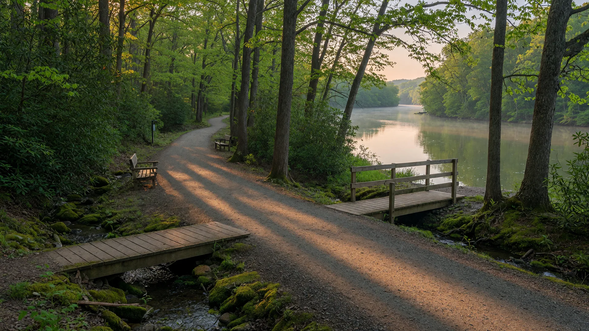 A well-maintained Virginia state park trail with river views, a packed earth path, wooden footbridges crossing streams, and mossy green banks in morning light