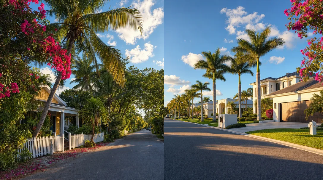 Split view of a charming bungalow-lined street in Delray Beach alongside a modern residential street in Boynton Beach