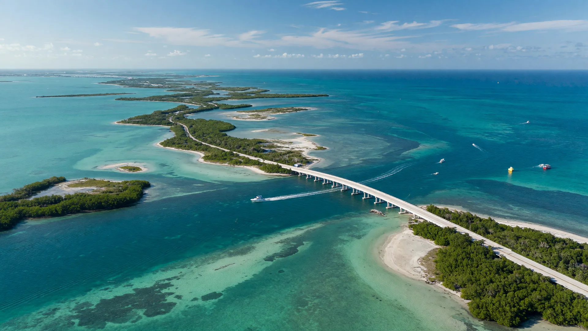 Aerial view of the Florida Keys island chain with turquoise shallows, deep blue ocean, and the Overseas Highway threading between green islands