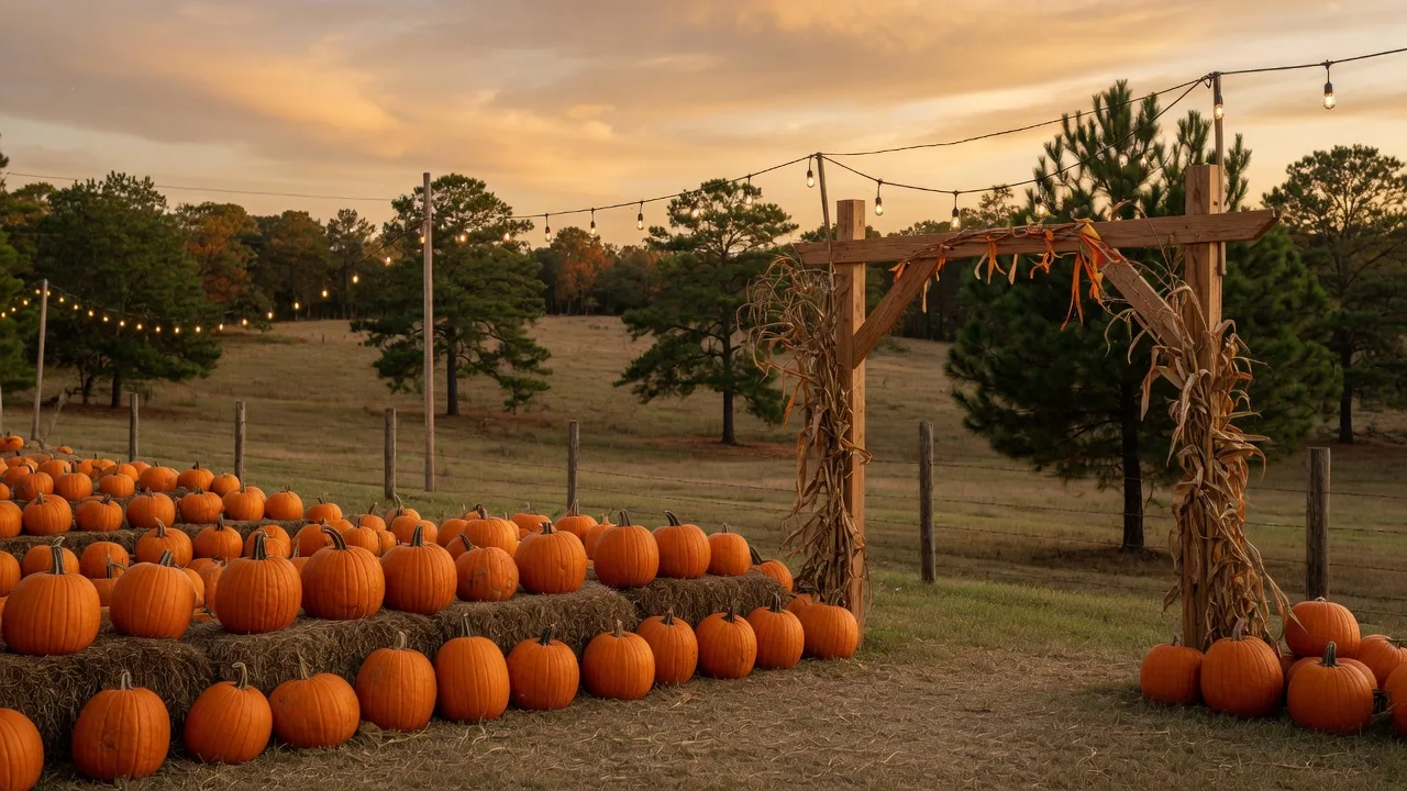 October farm festival in rural Northeast Texas with a pumpkin patch, hay bales, and a corn maze entrance at golden hour
