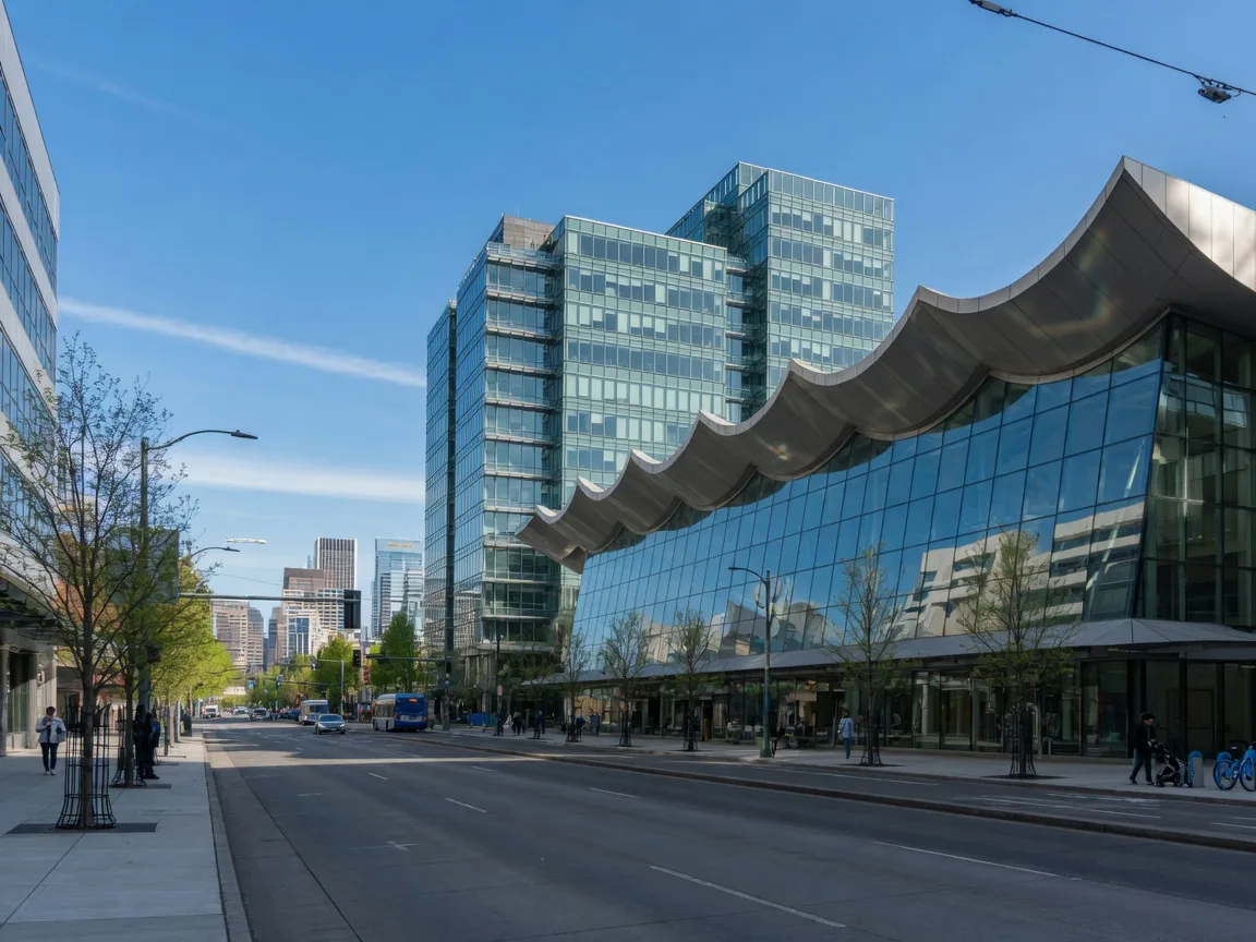 Modern glass office towers and the Oregon Convention Center facade in the Lloyd District