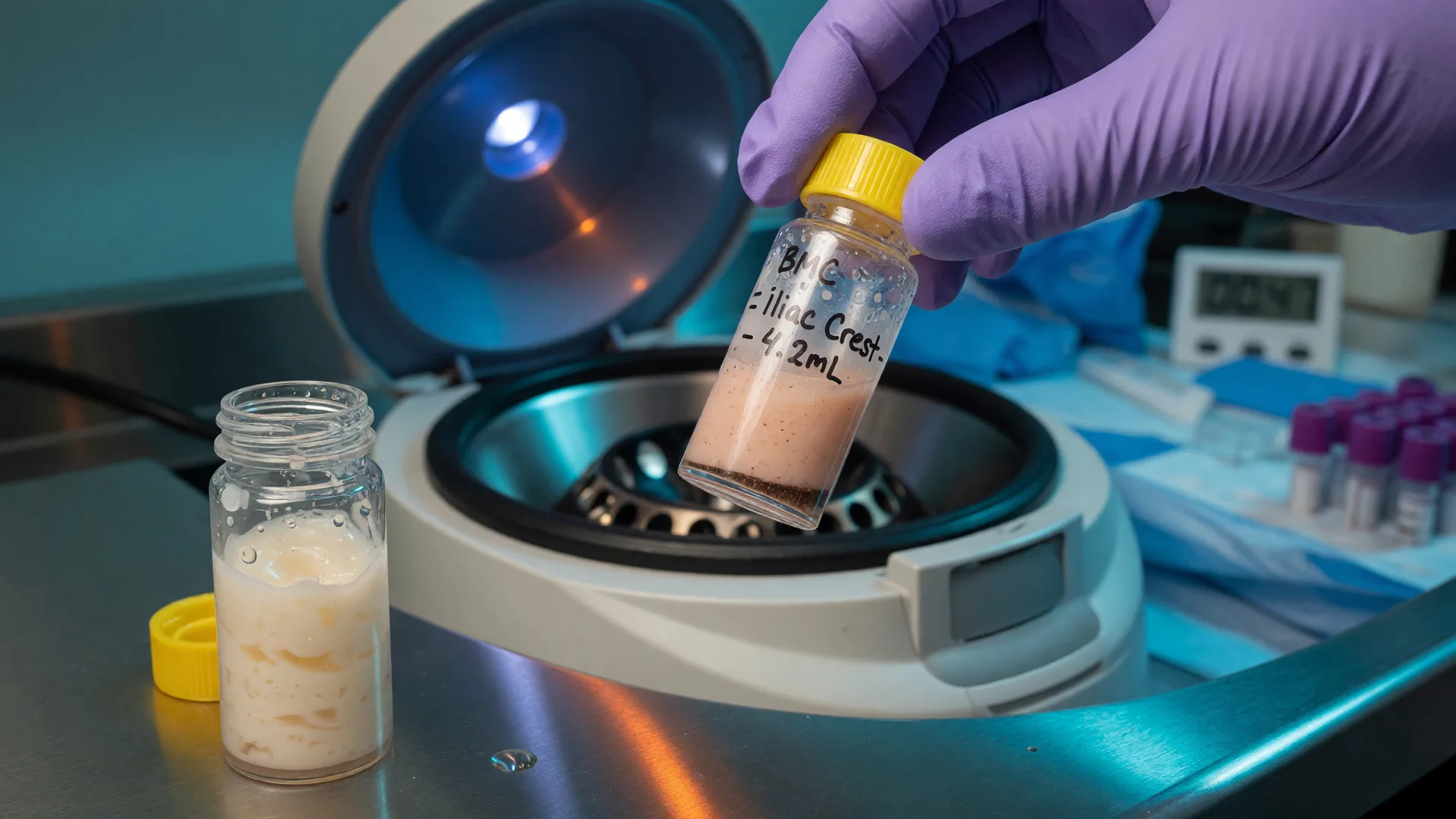 A gloved hand holding a vial of bone marrow concentrate beside a laboratory centrifuge, with a second vial of fat-derived cell preparation in the foreground