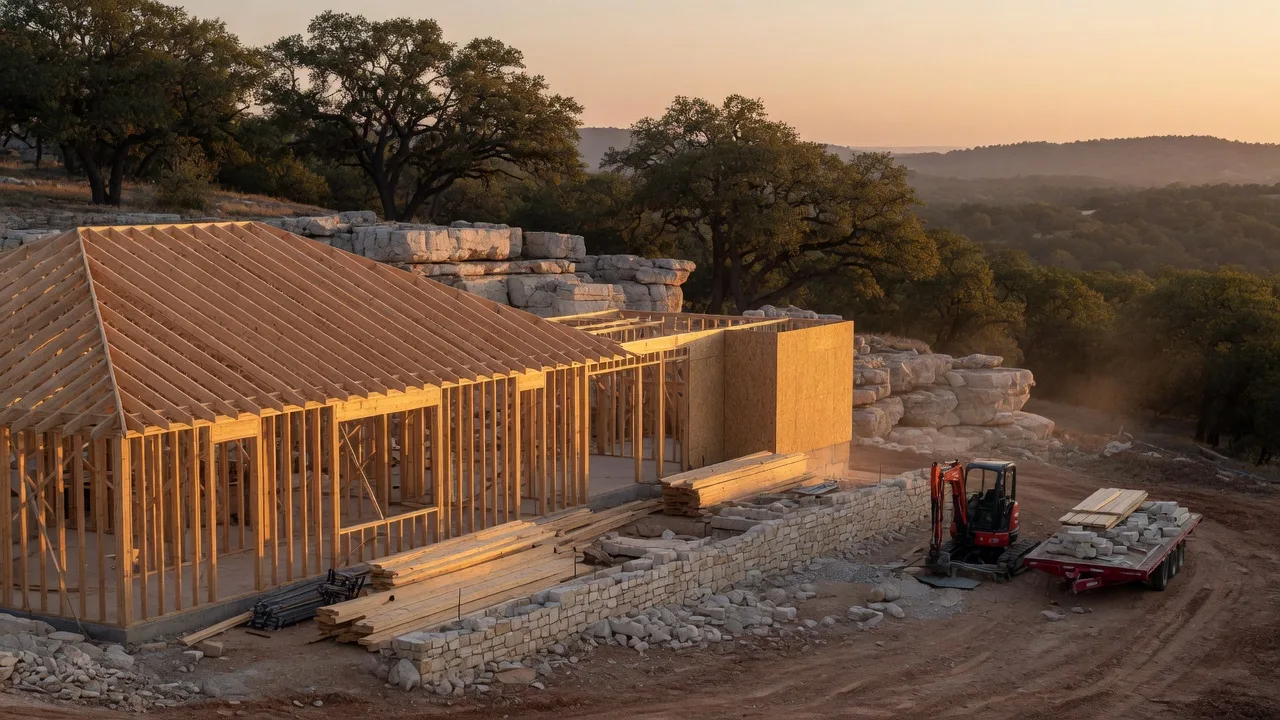 Timber framing of a custom Texas Hill Country home rising against live oak and limestone hills at golden hour