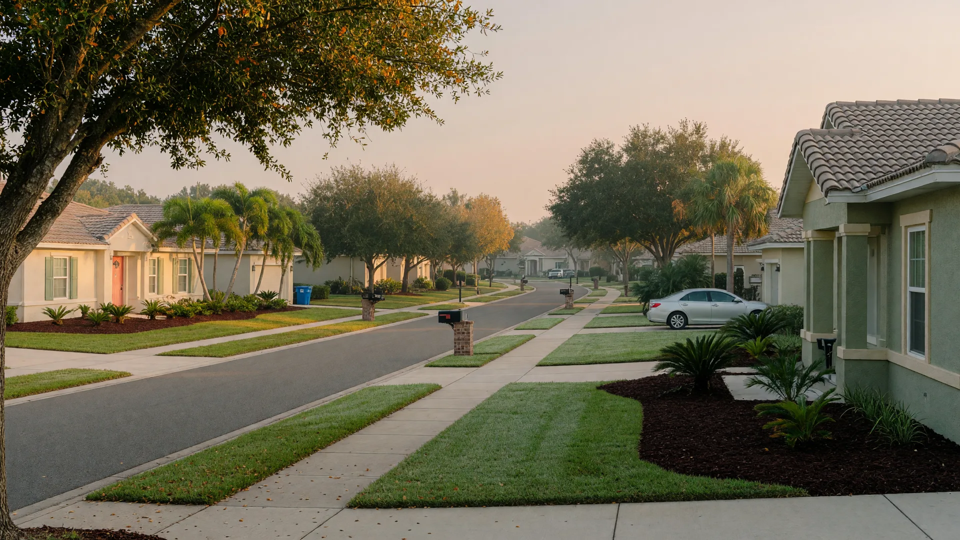 A quiet tree-lined Tampa Bay neighborhood street on a crisp fall morning, with well-kept Florida homes, palm trees, and warm morning light