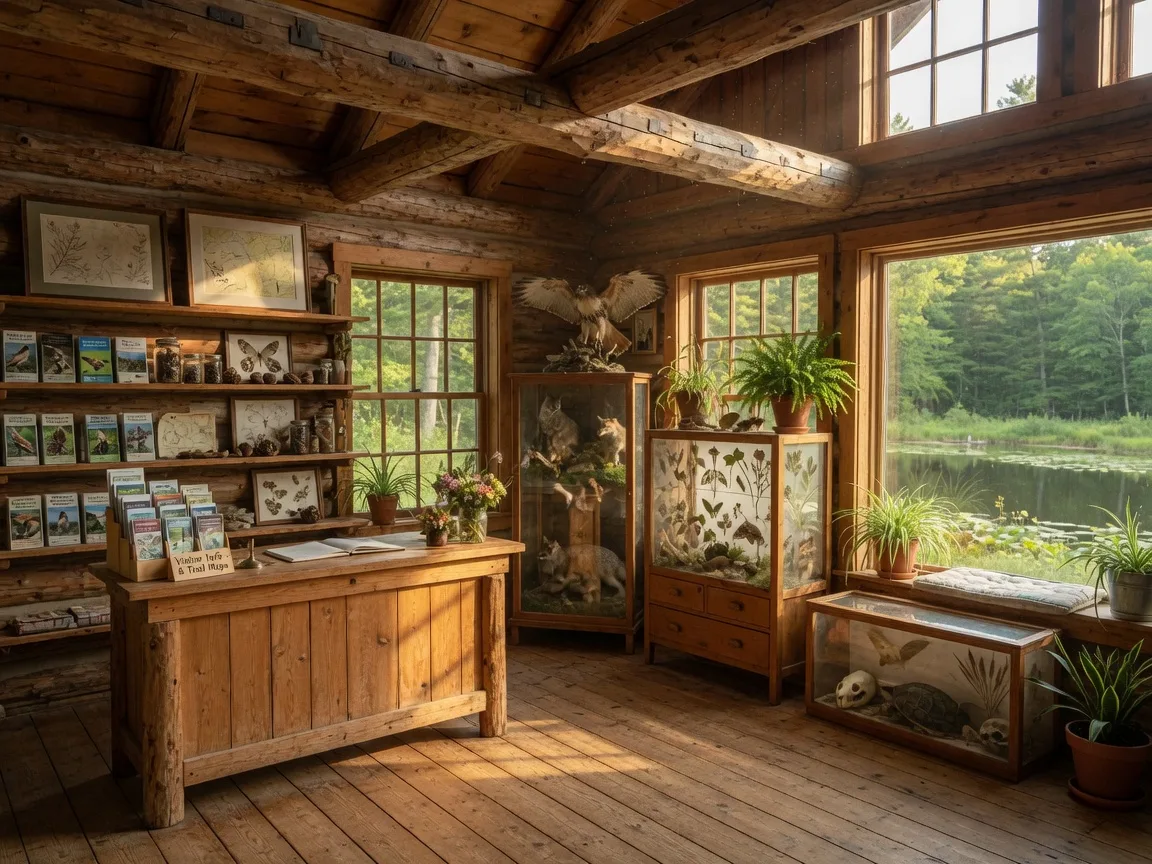 The warm interior of the rustic lodge at Seven Ponds Nature Center with field guide shelves, wildlife exhibits, and large windows overlooking the forest