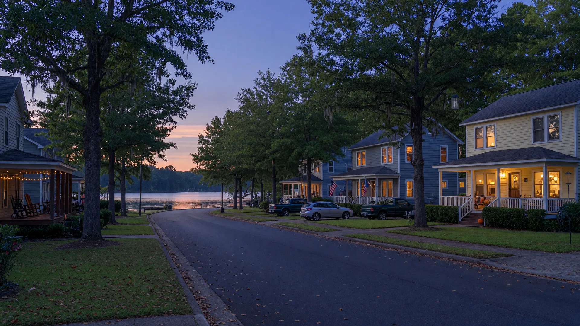 A quiet, well-kept residential street in a Lake Norman neighborhood at dusk, with warm porch lights and a lake glimpsed through the trees