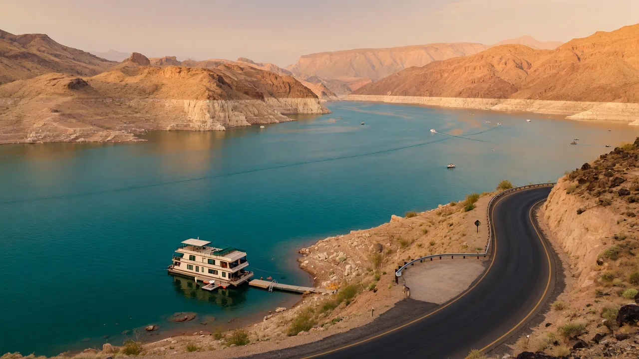 Turquoise reservoir water of Lake Mead framed by desert canyons