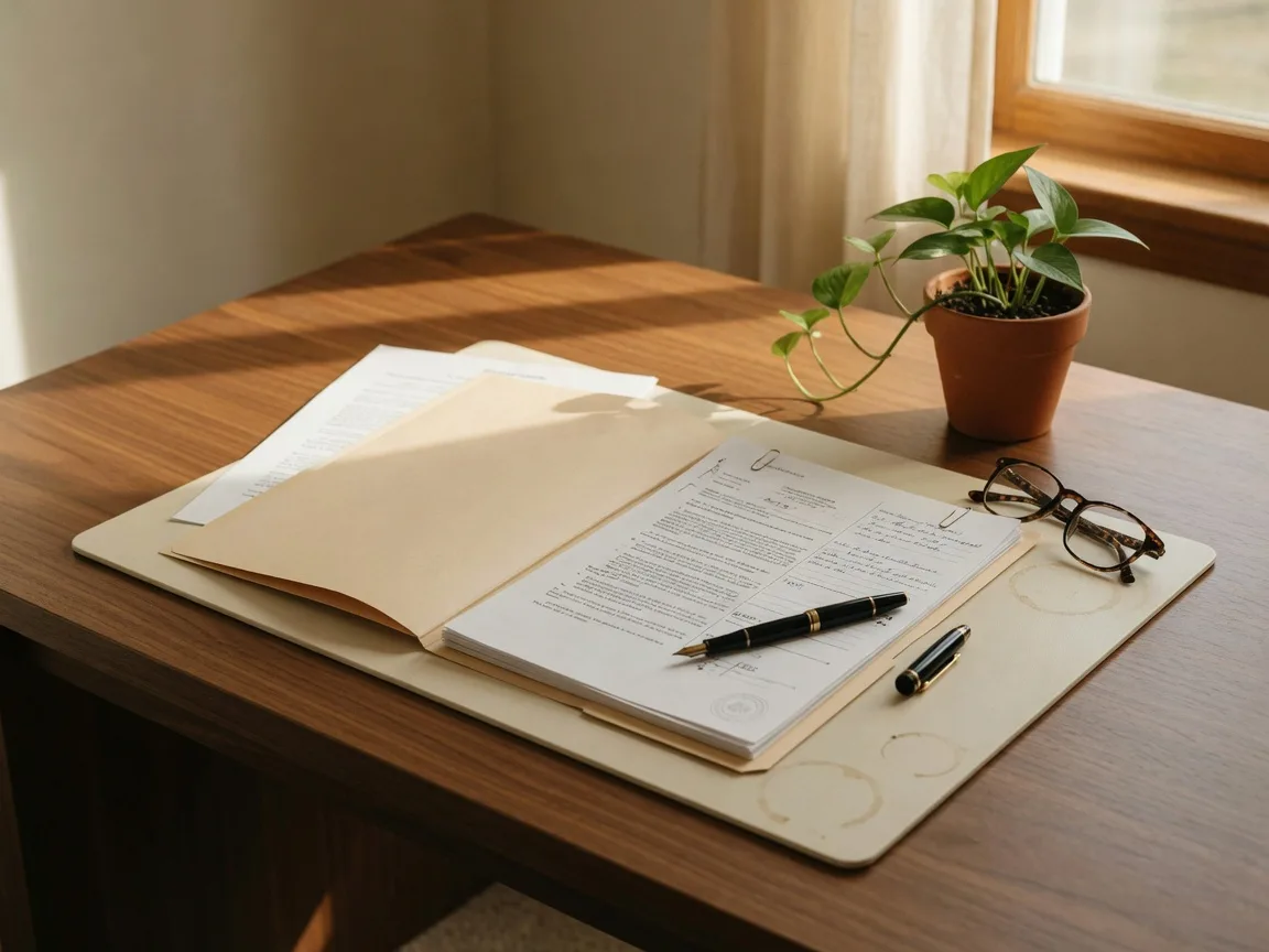 Legal documents, reading glasses, and a pen arranged on a polished wooden desk representing estate planning and probate paperwork