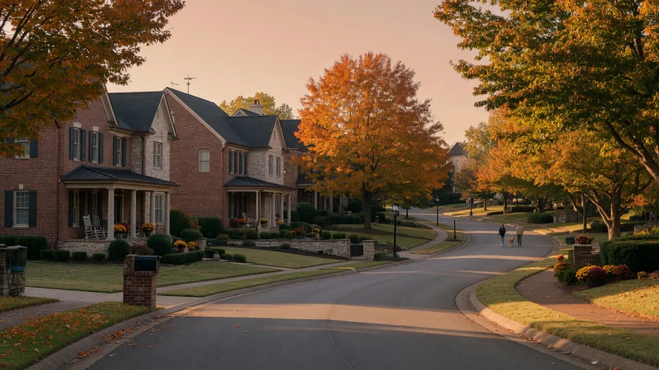 Leafy brick and stone homes in a Middle Tennessee neighborhood at golden hour