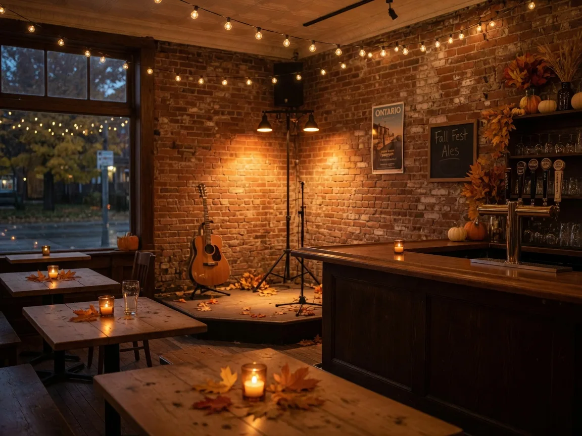 A cozy small-town brewpub interior with warm string lights, a wood bar and a corner stage for live music