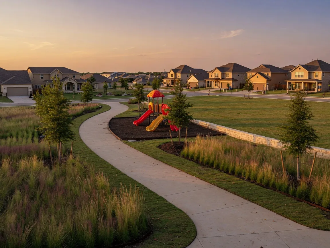 Representative image of a walking trail through a new North Texas master-planned community at golden hour