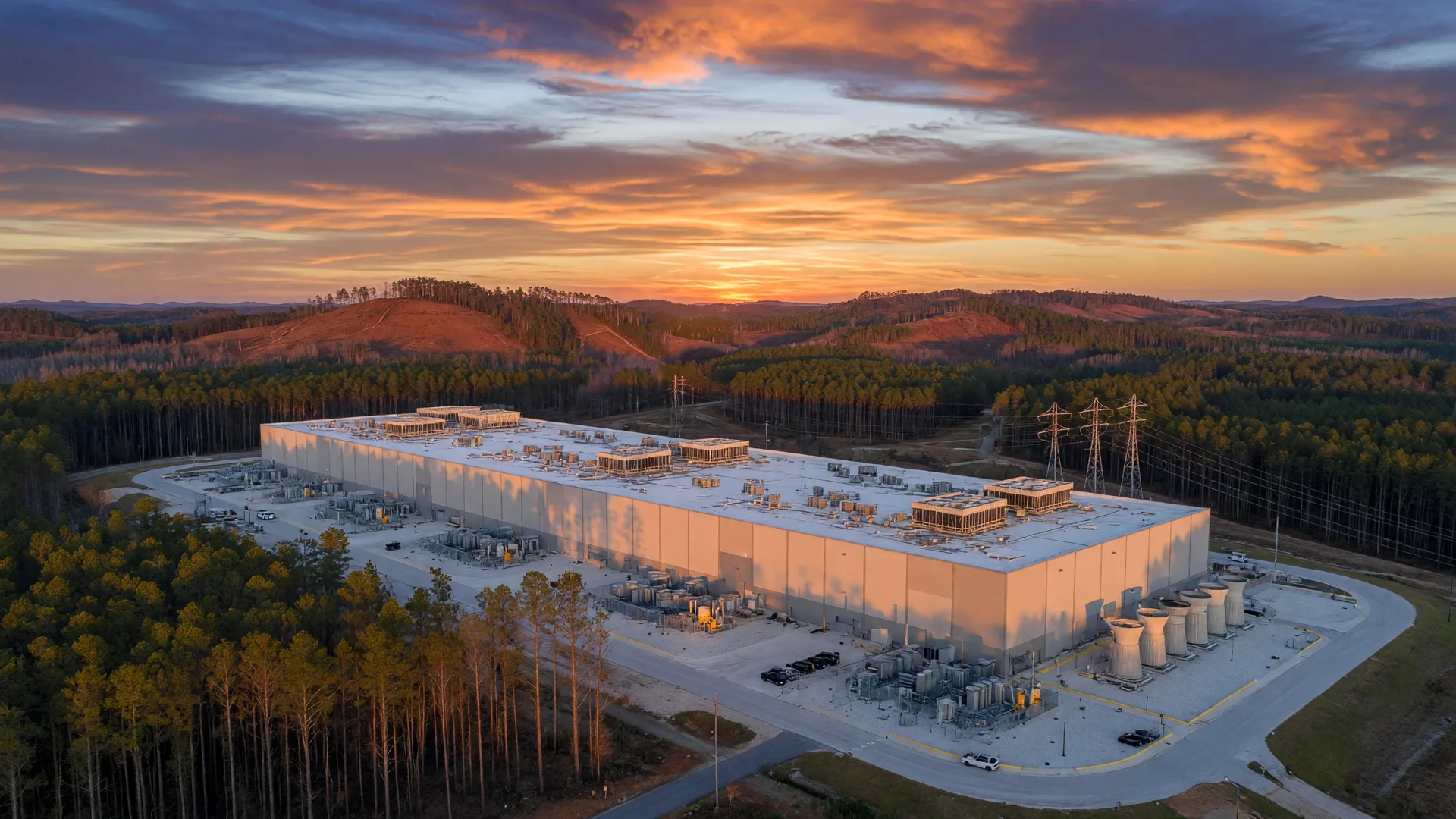 Aerial view of a large data center facility in Georgia at sunset, surrounded by pine forests and rolling hills