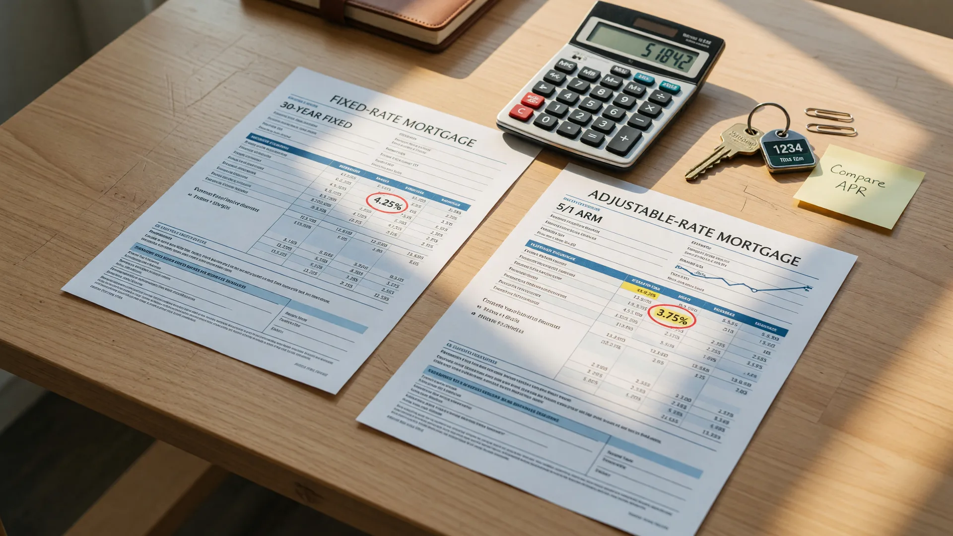 Fixed-rate and adjustable-rate mortgage documents on a desk with a calculator and house key