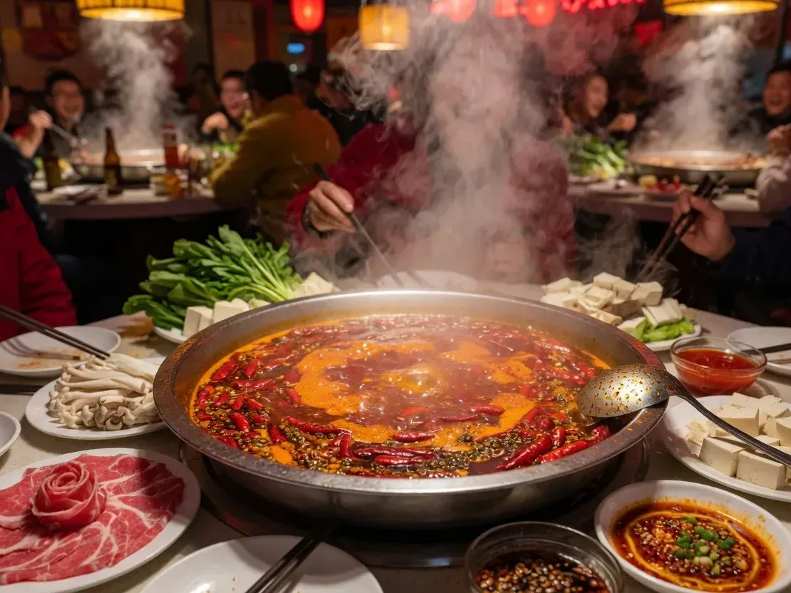 A bubbling Chongqing-style hot pot surrounded by sliced beef, mushrooms and greens at a group table