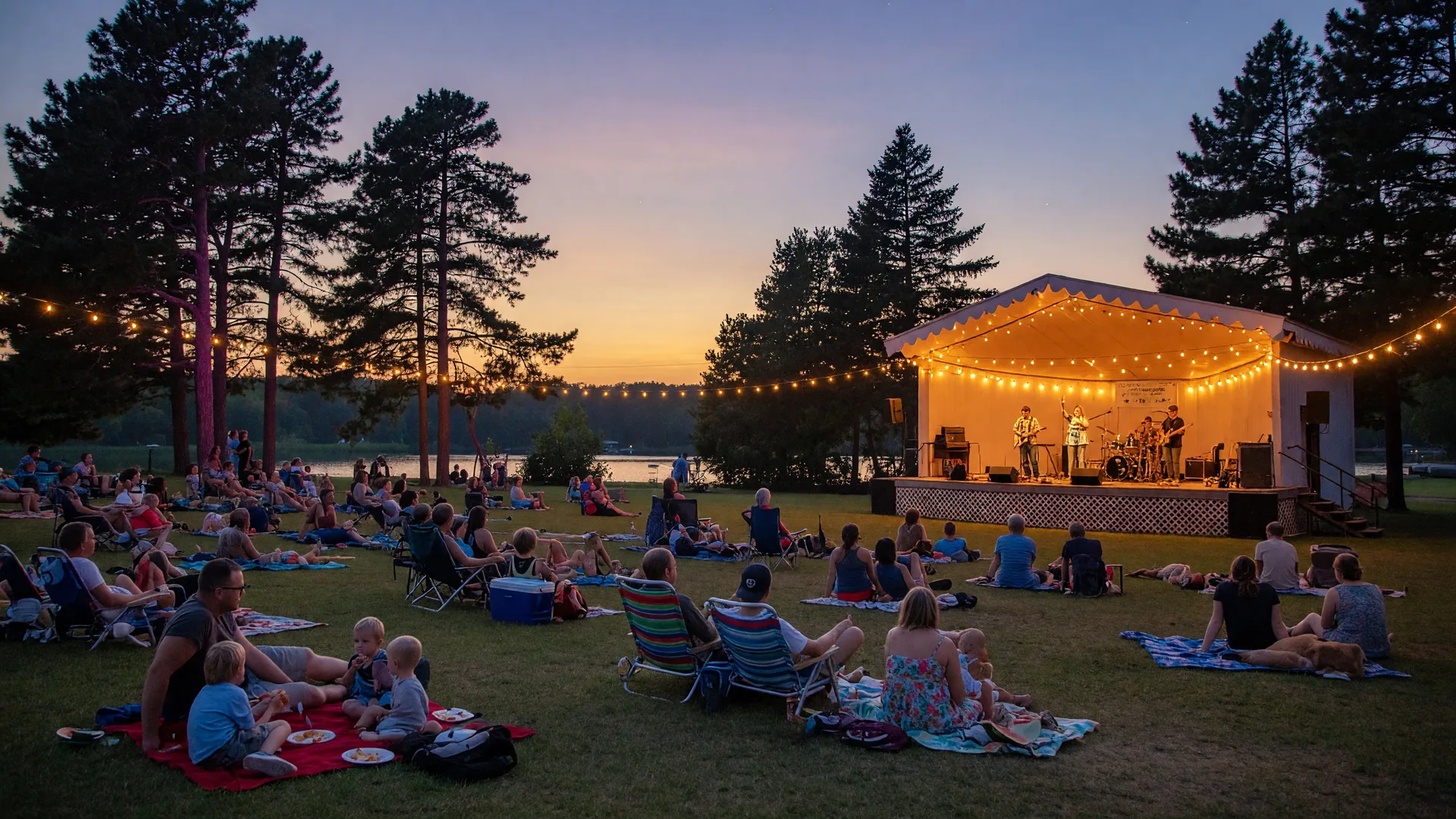 Evening summer concert in a Pequot Lakes park band shell with string lights and a relaxed crowd