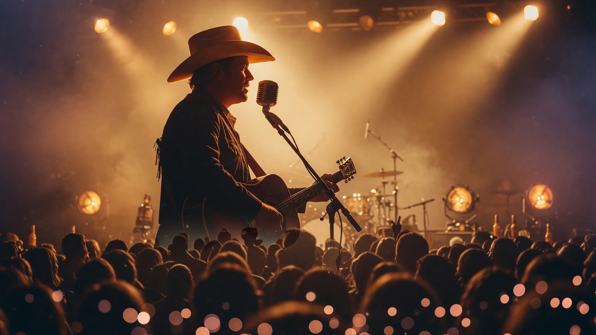 A country concert stage in warm amber light with a cowboy-hatted singer silhouetted at the microphone