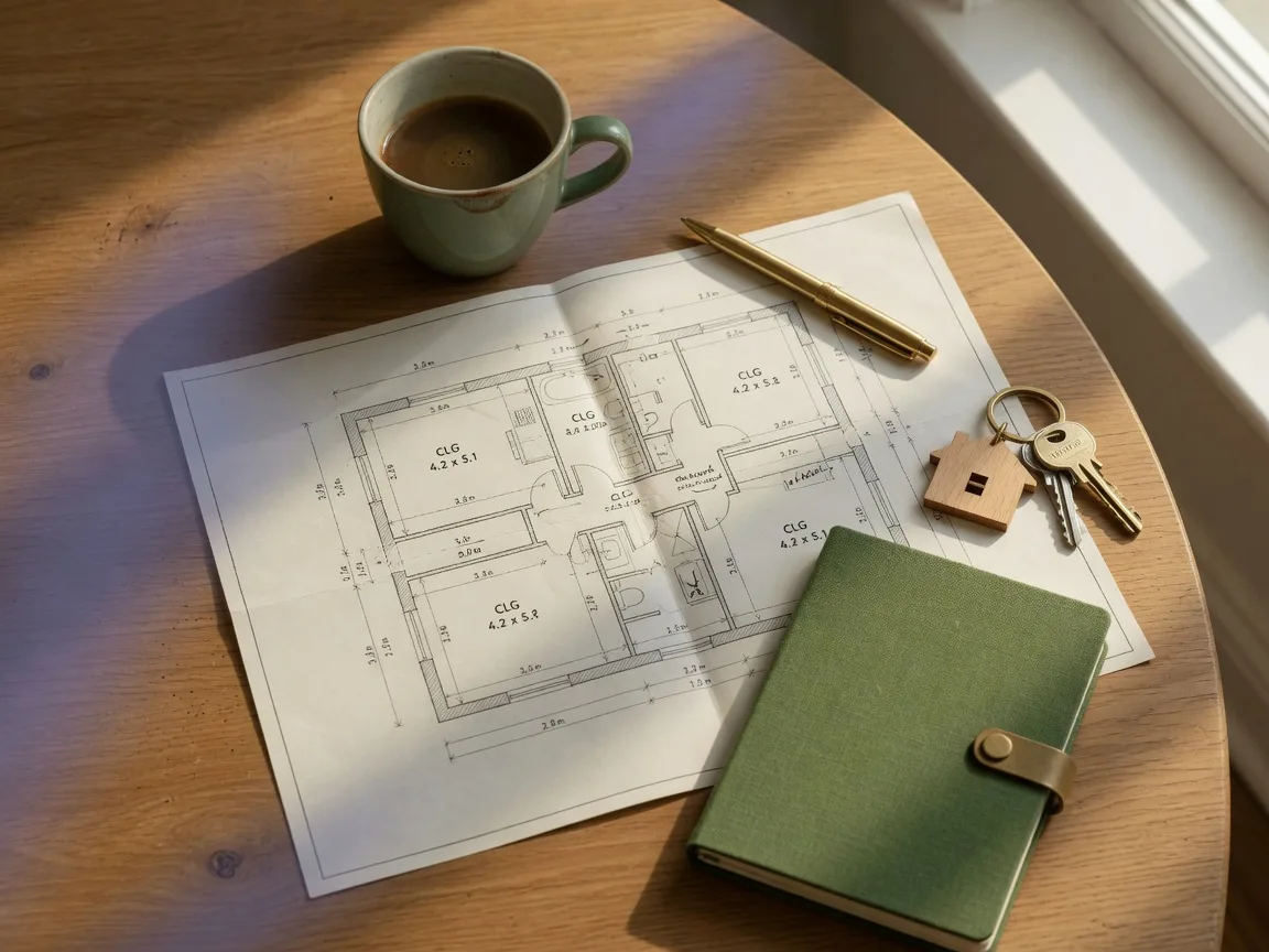 A consultation table with home floor plans, a brass pen, and a model key, showing the review side of selling
