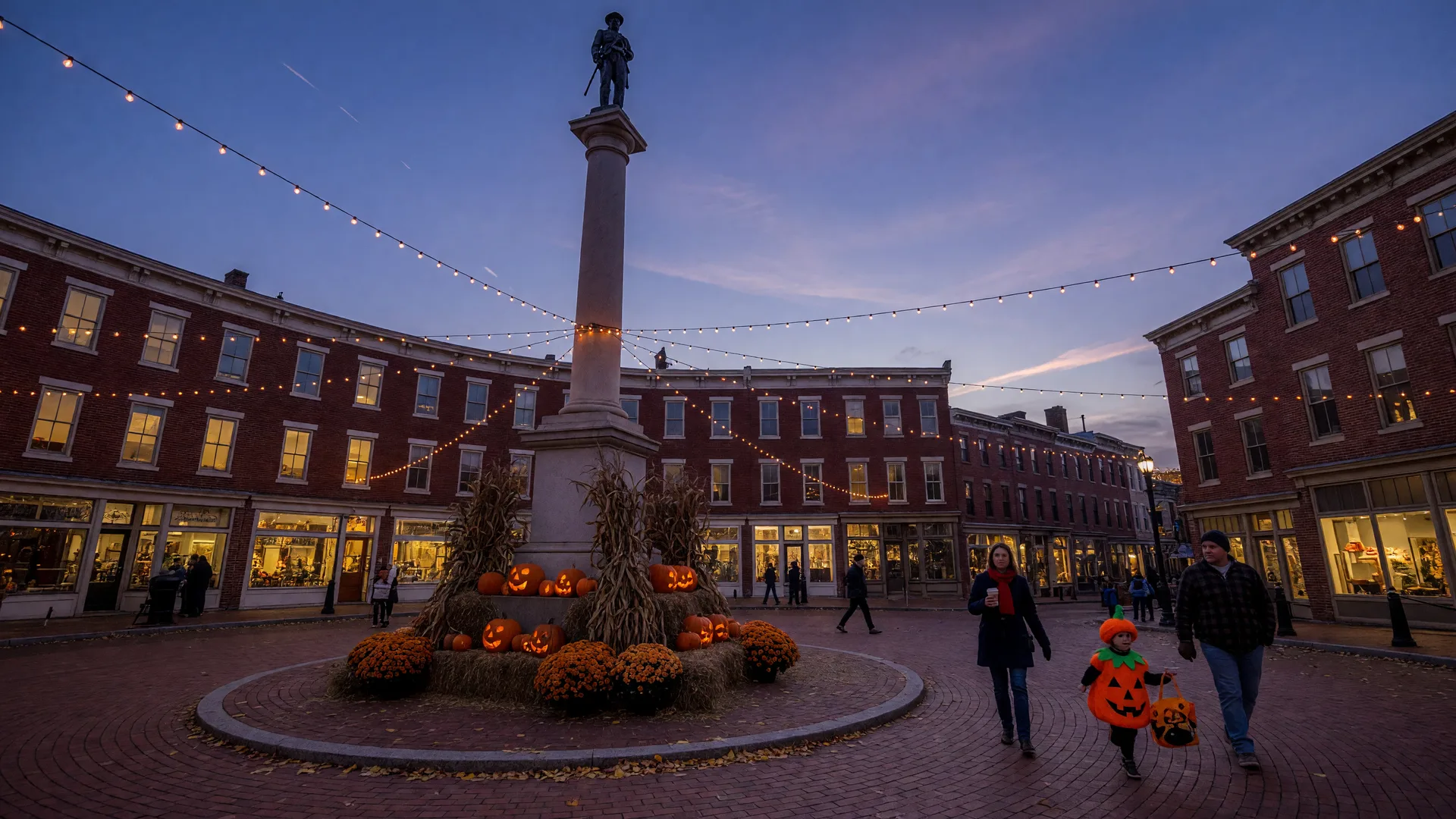 Easton's Centre Square circle at dusk in late October, the Soldiers' and Sailors' Monument at the center ringed by hay bales, mums, pumpkins and corn stalks, warm brick storefronts glowing, string lights overhead, and bundled pedestrians crossing the brick plaza under a deep blue twilight sky
