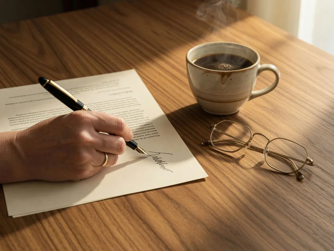 A hand signing a document on a warm wooden desk with coffee and reading glasses