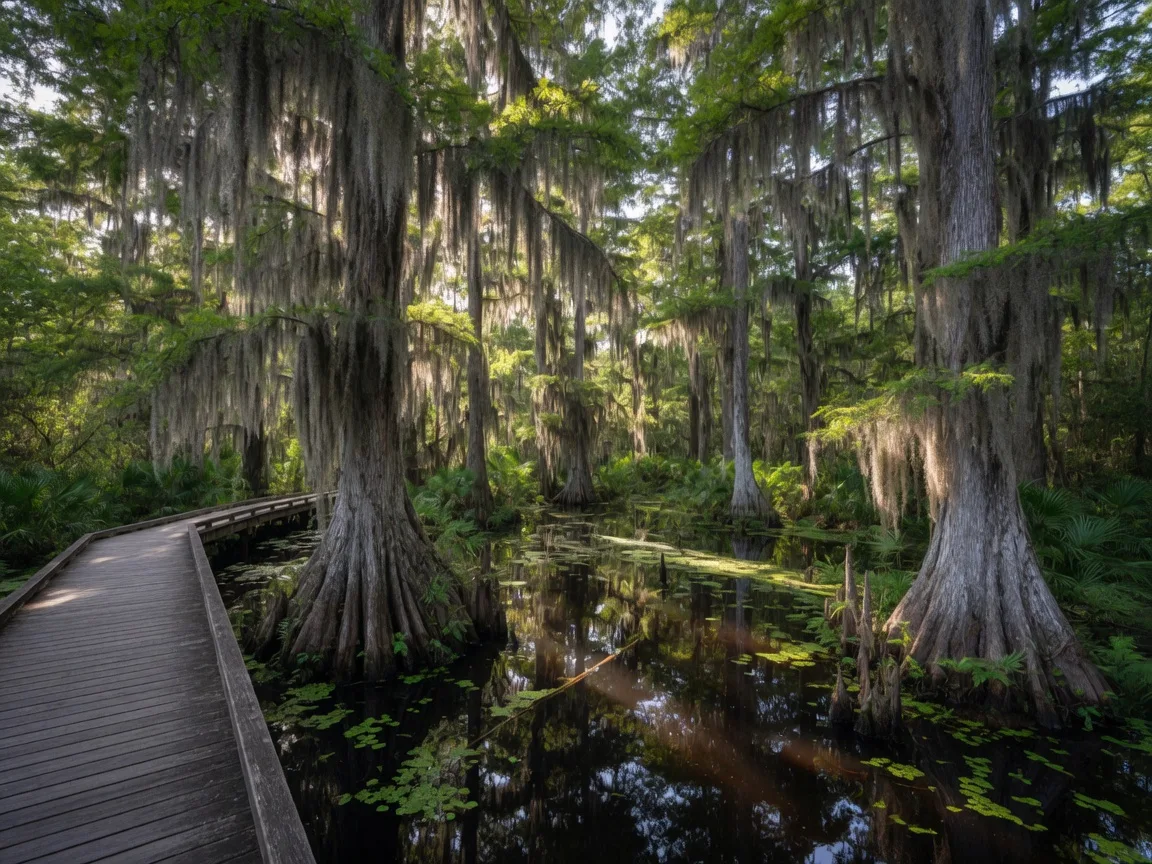 Elevated boardwalk through cypress swamp at Highlands Hammock State Park in Sebring