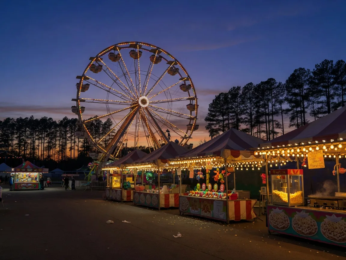 A county fair midway at dusk with a glowing ferris wheel and string lights