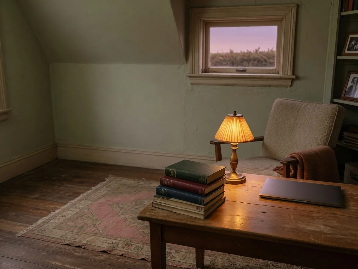 A cozy lower-level home office in an older Greater Victoria house, desk lamp glowing beside a laptop by a small above-ground window