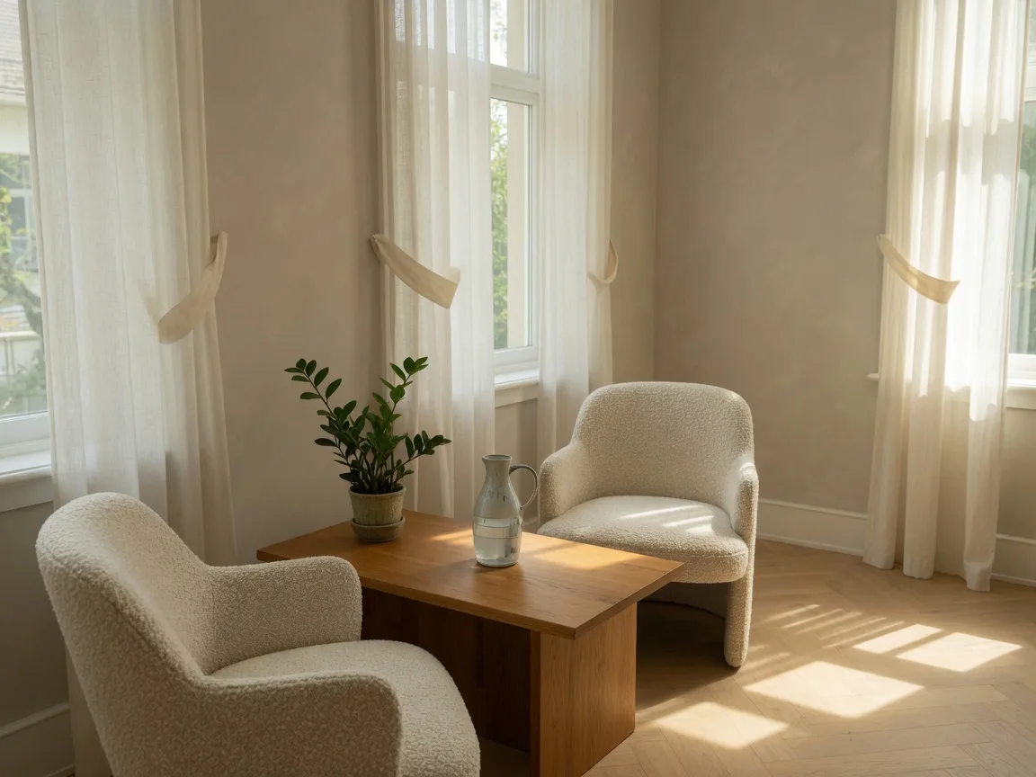 Two cream armchairs facing each other around a low oak table with a ceramic carafe and plant in a sunlit consultation room