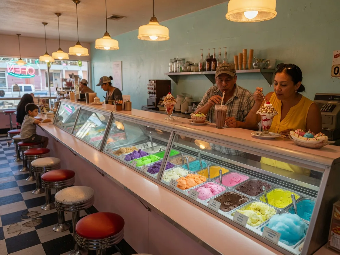 Inside I Scream Ice Cream in Albuquerque showing glass display cases of colorful ice cream flavors, vintage soda fountain stools, and a retro black and white tile floor