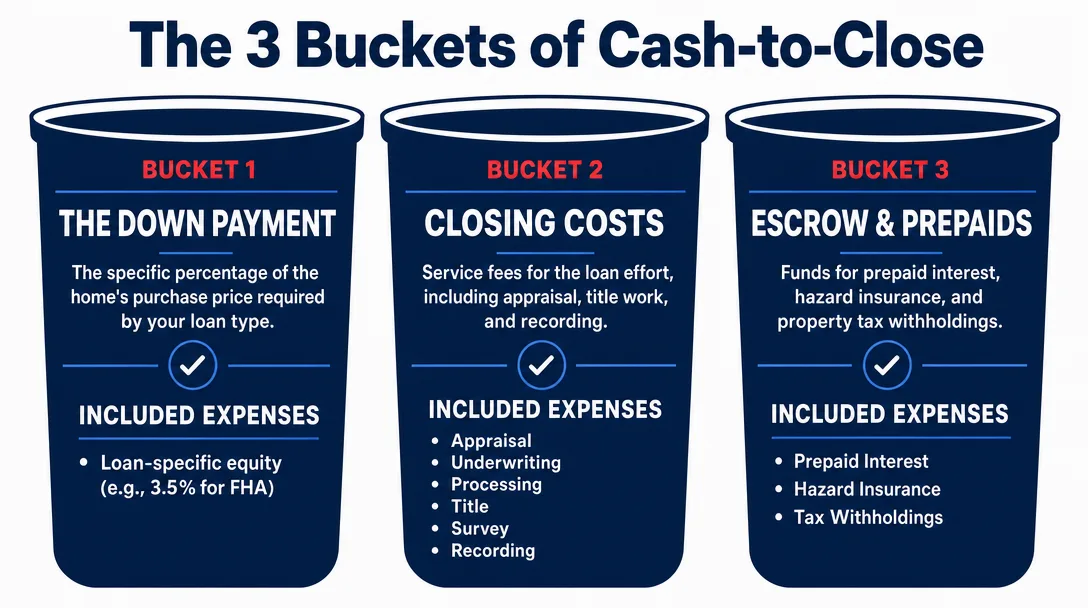 The 3 Buckets of Cash-to-Close infographic: down payment, closing costs, escrow and prepaids