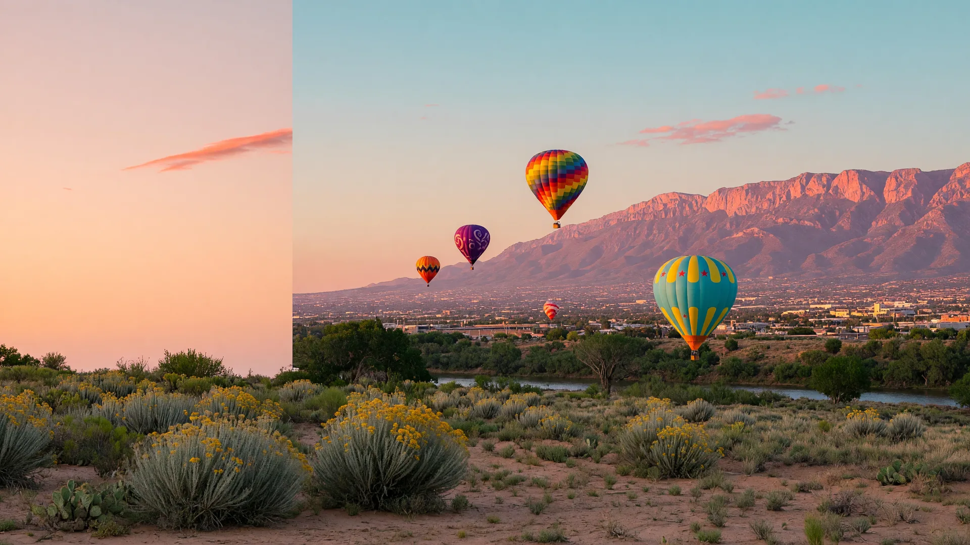 Hot air balloons lifting off over the Sandia Mountains and the Rio Grande valley near Albuquerque at sunrise