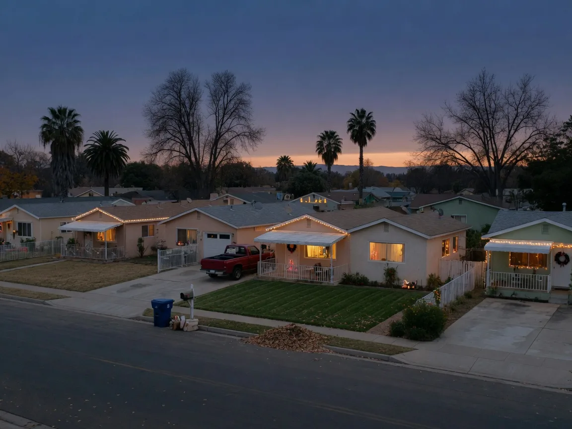 A quiet Merced County residential street at dusk in early December, single-story stucco and ranch homes with a few warm-white holiday string lights and wreaths, one home with glowing windows, palm trees and bare valley oaks silhouetted against a twilight sky
