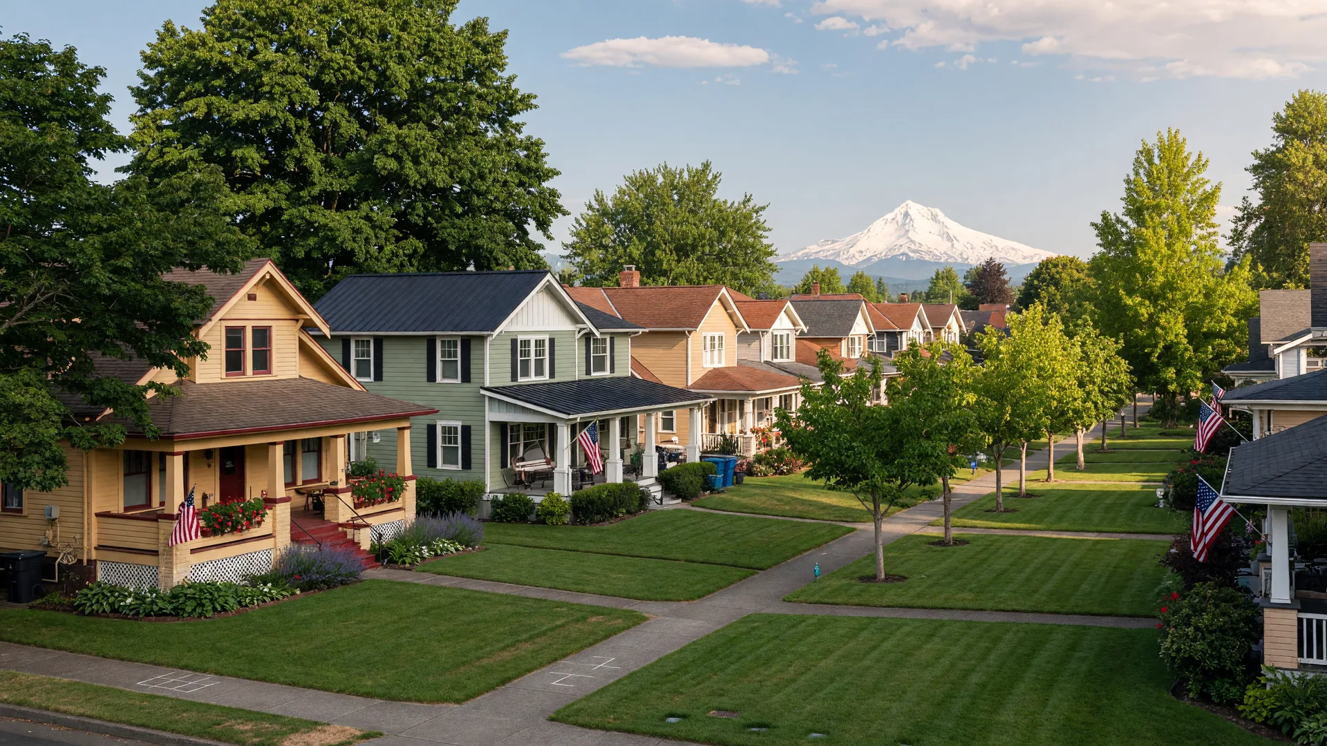 A leafy, tree-lined suburban street in Clackamas, Oregon on a sunny afternoon, with a faint Mount Hood on the horizon.