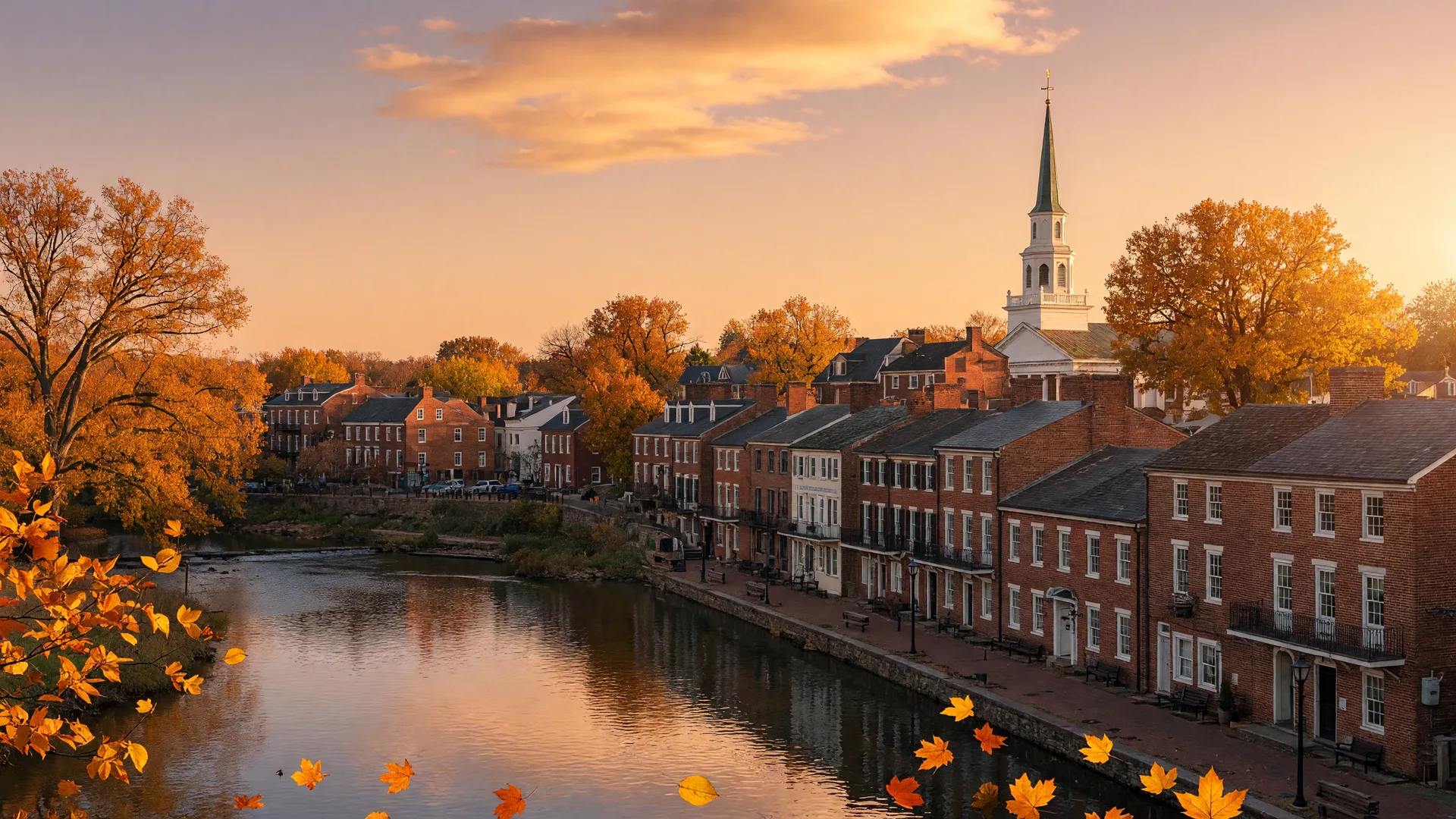 Historic downtown Fredericksburg VA along the Rappahannock River in autumn colors