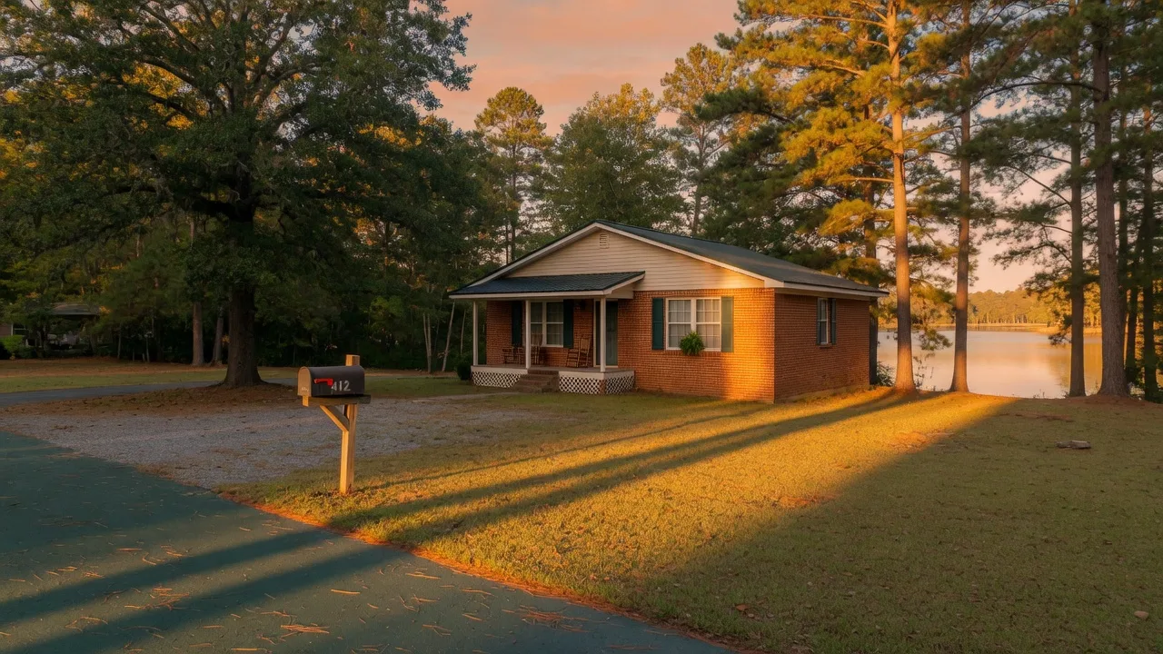 A brick-and-siding home on a wooded lot near Lake Murray in Chapin, South Carolina at golden hour