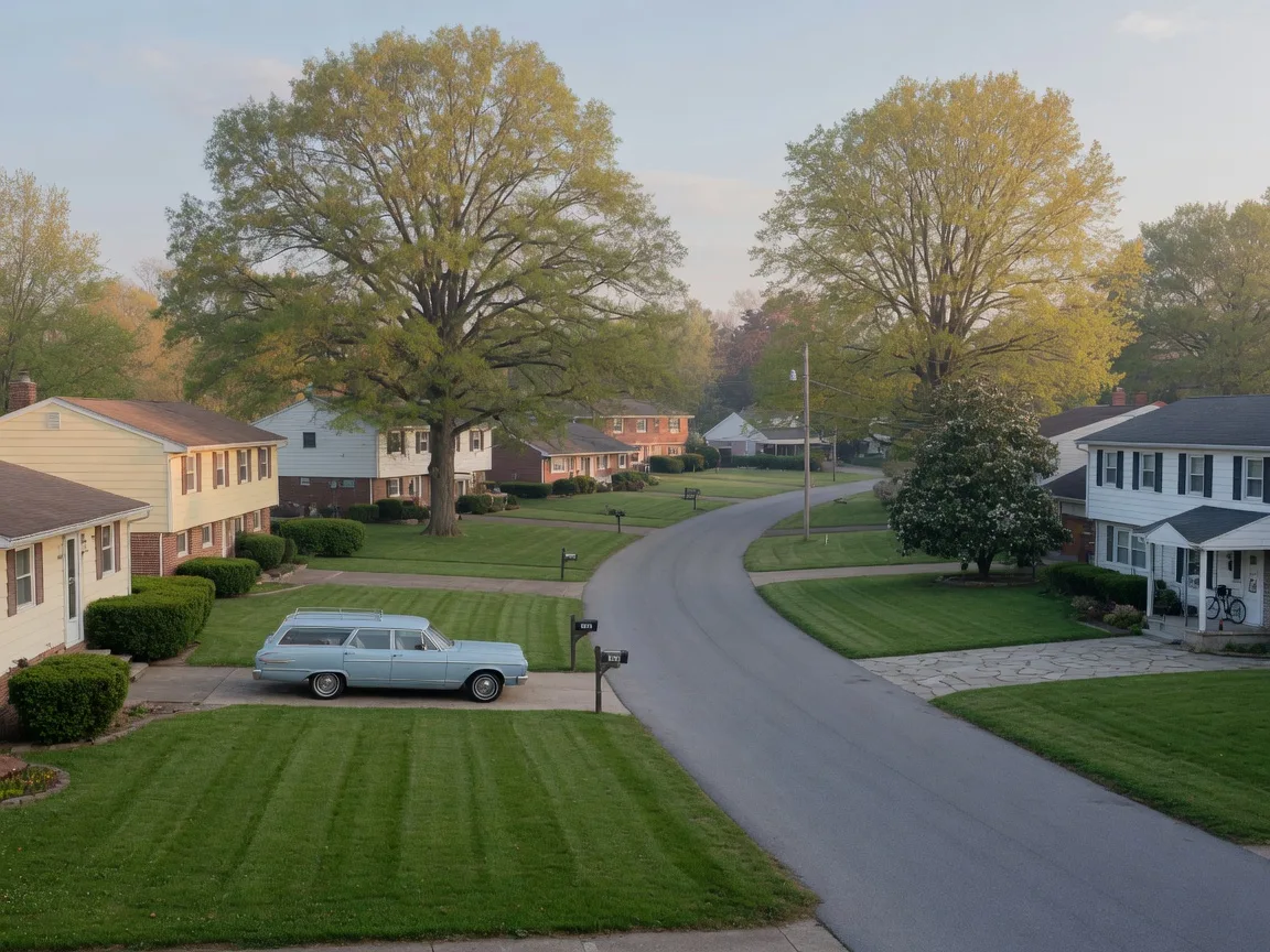 Residential street in Oreland, Pennsylvania with mid-century split-level and colonial homes in morning light