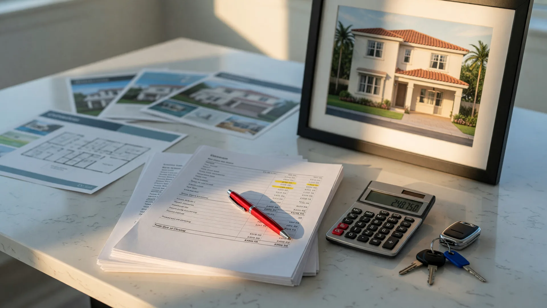 A stack of blank contract pages, an itemized price sheet, a red pen, and a calculator on a table inside a new-home sales center.