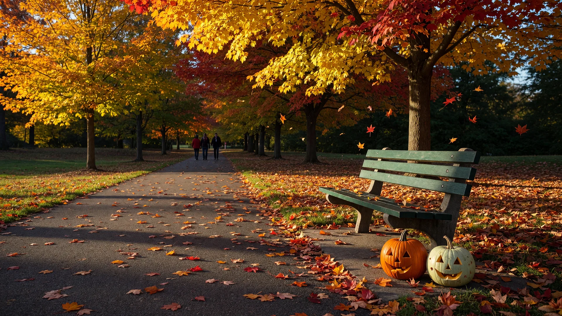 A tree-lined park path in Essex County NJ in mid-October with golden and crimson maples, fallen leaves, a wooden bench with carved pumpkins, and warm afternoon light
