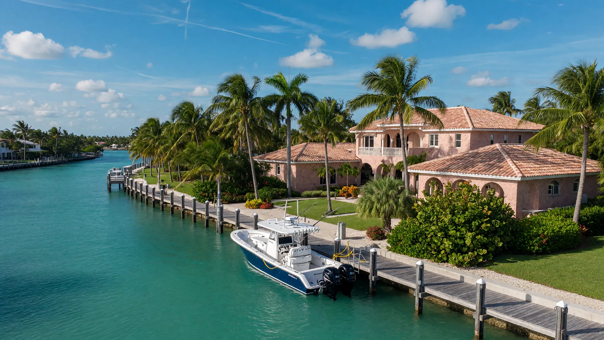 Aerial view of a waterfront estate in the Florida Keys with a private boat dock, center console boat, and tropical landscaping