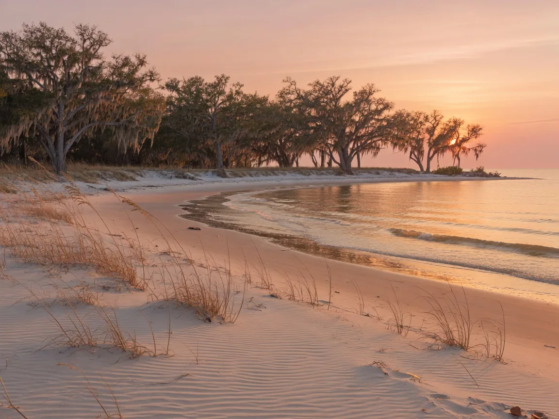 A quiet Biloxi beach in autumn golden hour, with sand ripples and sea oats in the foreground and a line of moss-draped live oaks along the shore