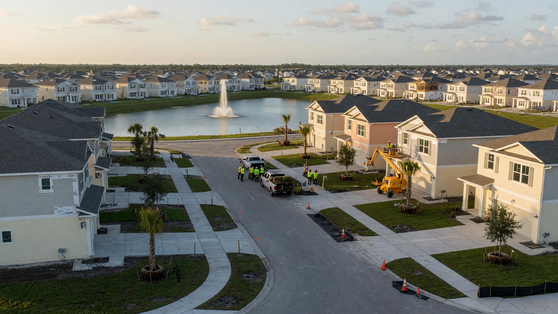 New single-family homes under construction in a sunny coastal Florida master-planned community