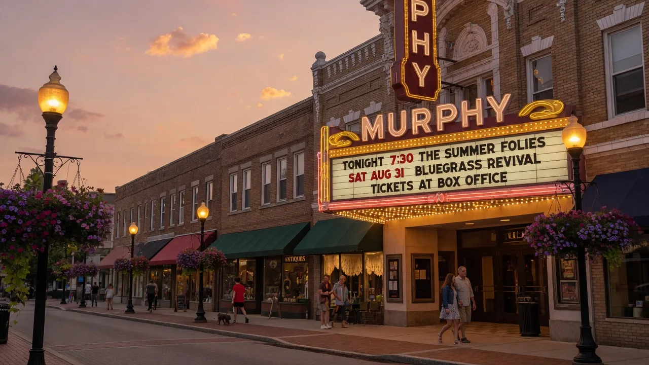 The historic Murphy Theatre in downtown Wilmington, Ohio with its glowing marquee at twilight on a warm late summer evening, with brick storefronts and hanging flower baskets along the street