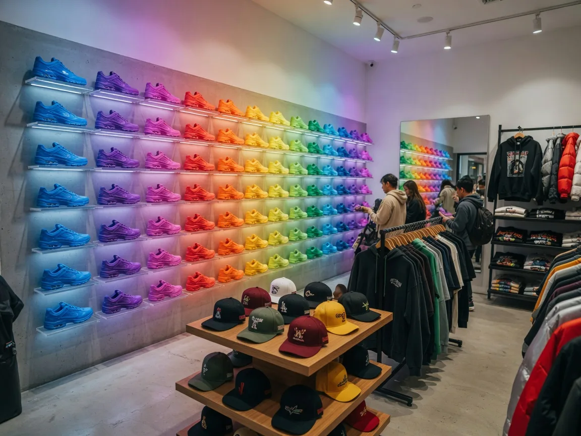 A modern sneaker and streetwear store interior with a colorful illuminated wall display of athletic sneakers and racks of apparel