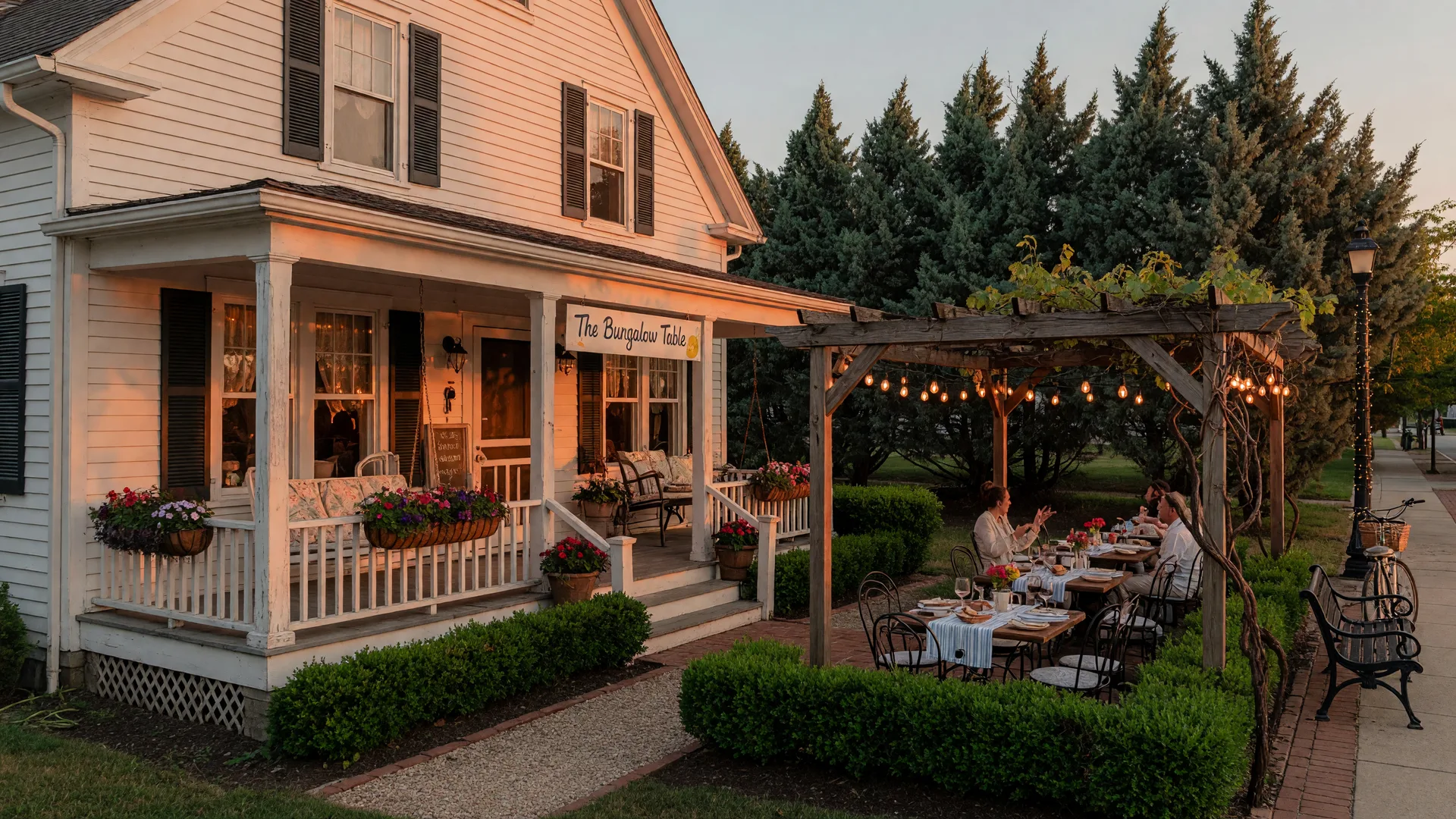 Juniper on Main restaurant in Carmel Indiana, a restored early-1900s bungalow glowing warmly at golden hour beside a garden patio with a string-lit pergola