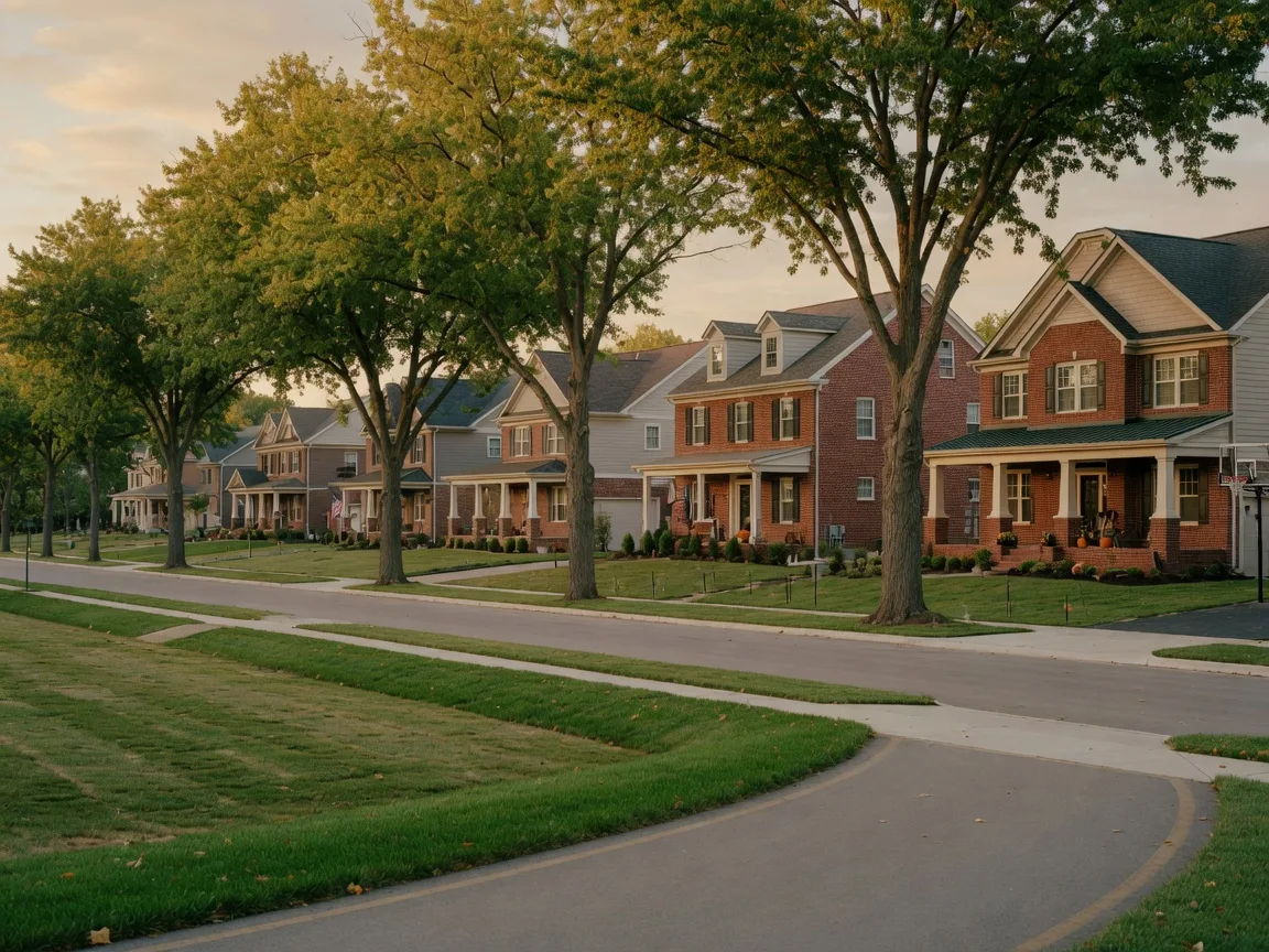 New construction traditional and craftsman homes in the Columbus metro with flat Midwest terrain and mature trees