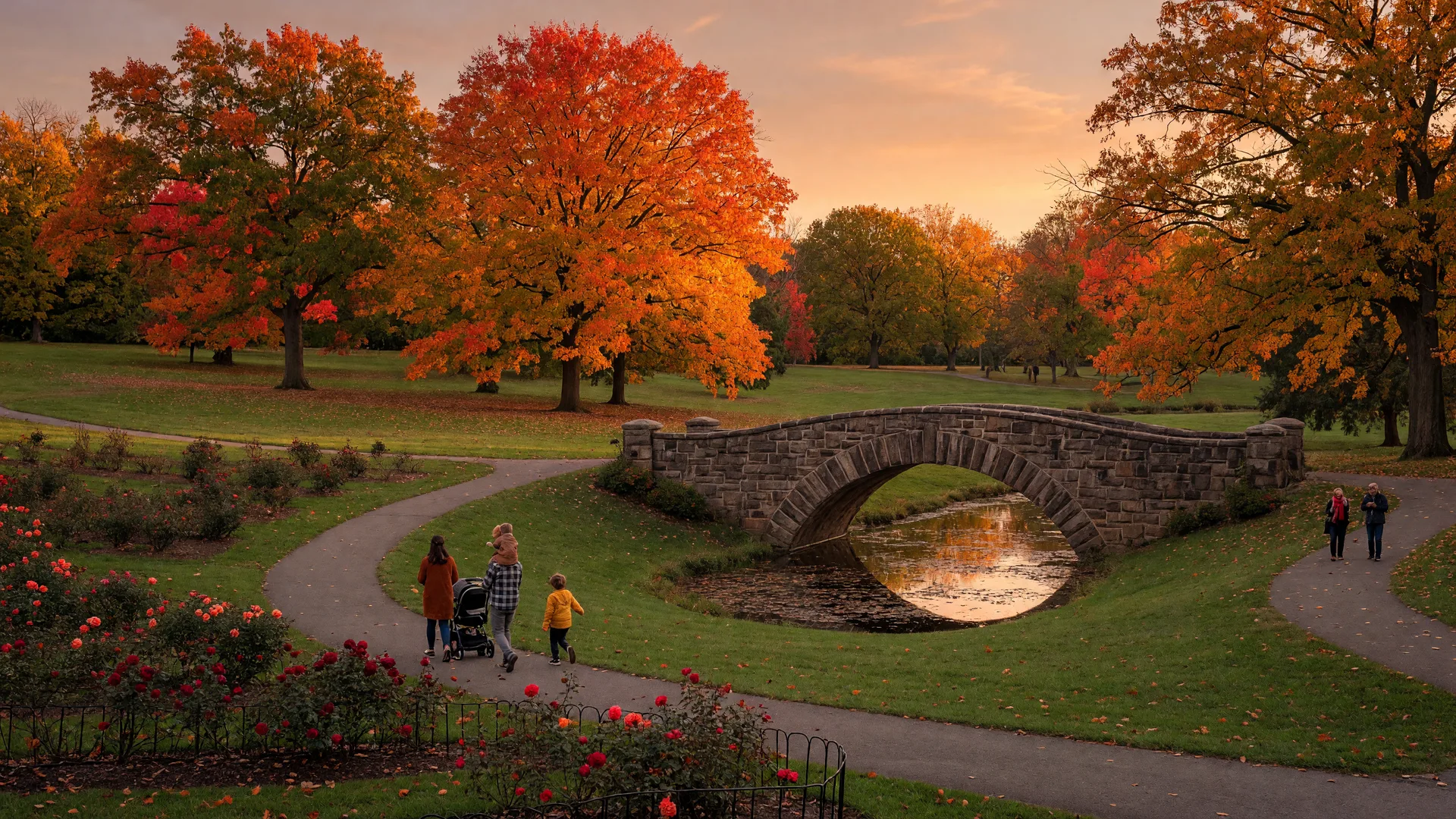 Brookdale Park in Bloomfield NJ in mid-October with the historic stone arch bridge framed by the rose garden and hardwood trees at peak autumn color, families walking the winding paths in warm golden-hour light