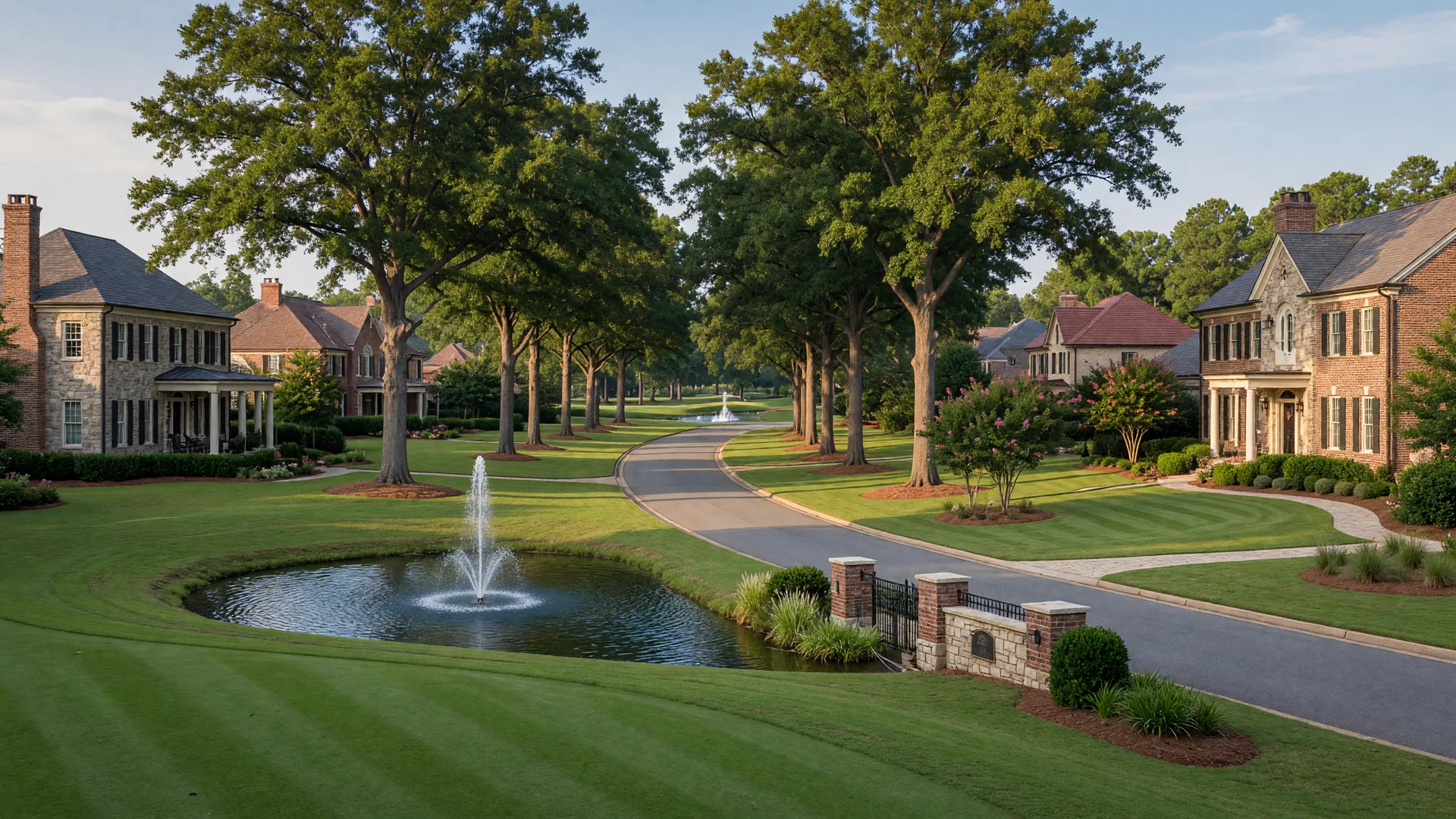 Brick and stone family homes along a tree-lined boulevard in the gated Piper Glen golf community in south Charlotte NC