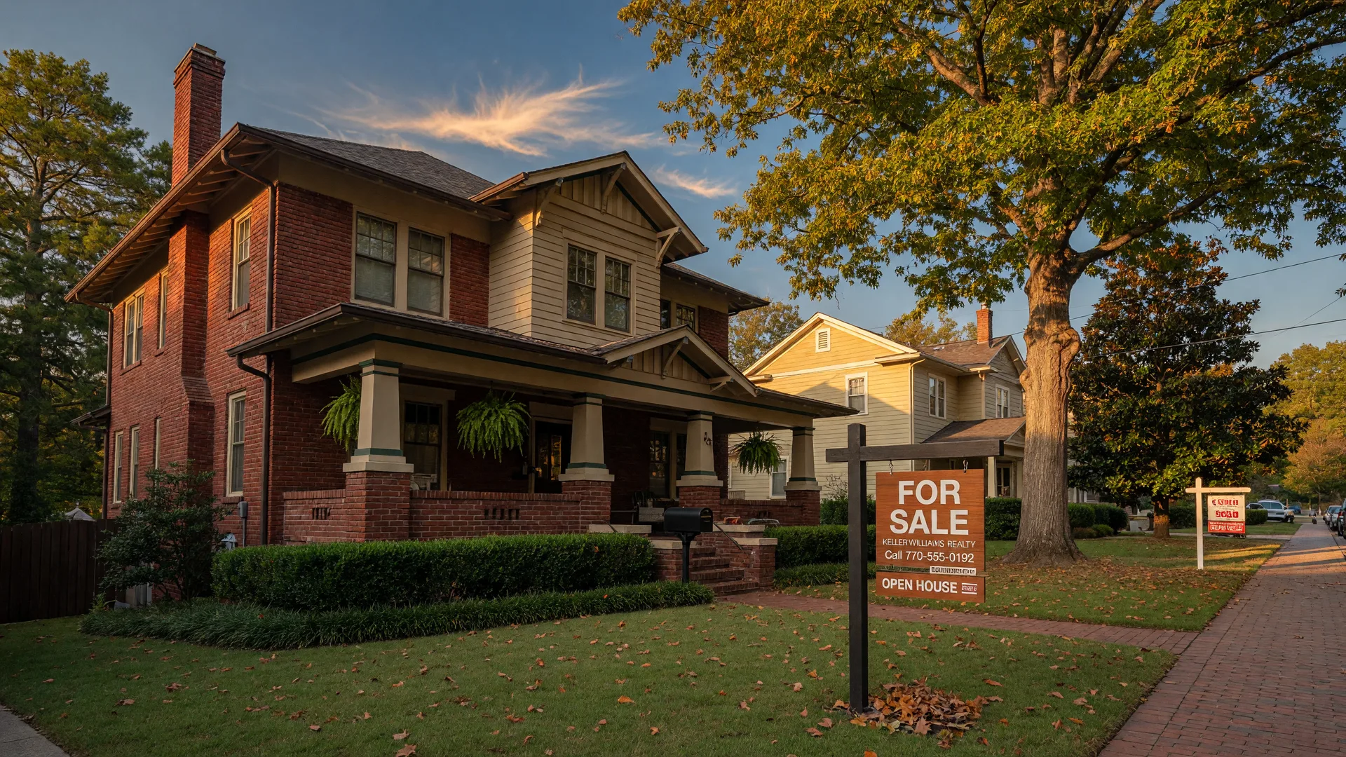 A brick craftsman home in a leafy Metro Atlanta suburb at golden hour with a For Sale sign in the front lawn and another sold home softly blurred in the distance, representing a homeowner weighing whether to move and give up a low mortgage rate