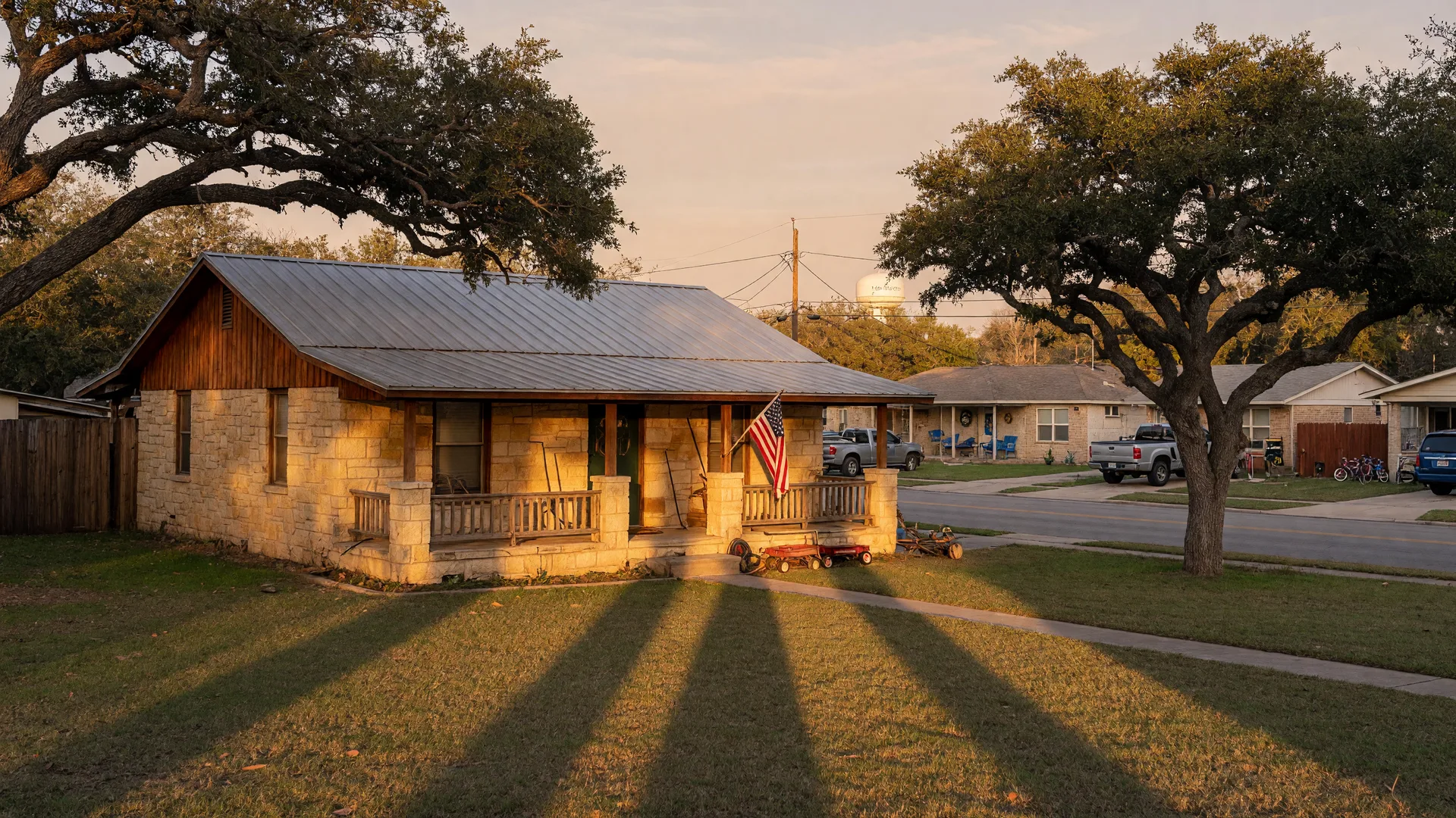 Texas Hill Country home with an American flag near the front door at golden hour