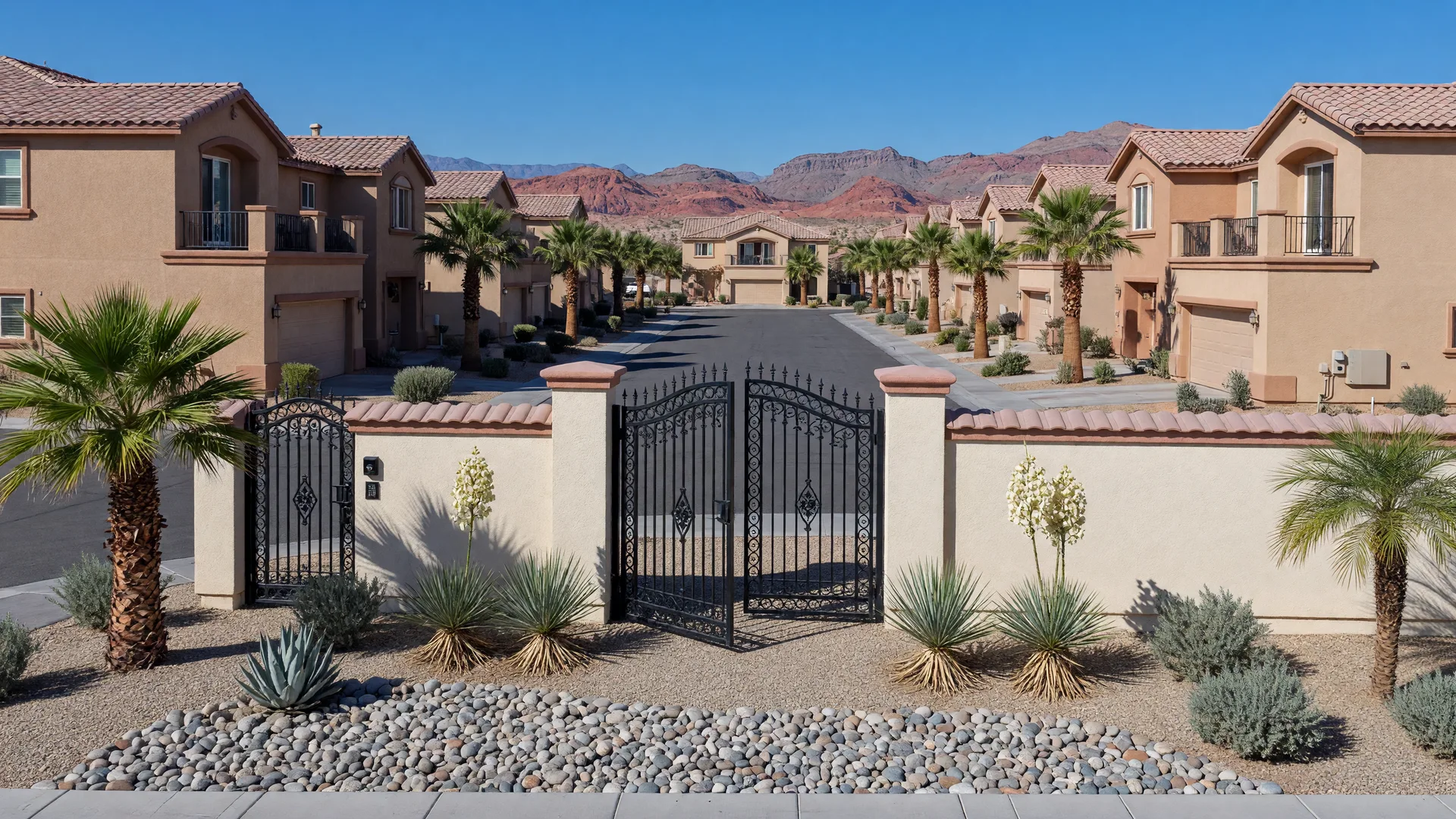 An entry gate and landscaped streets inside a gated southwest Las Vegas community with mountains behind