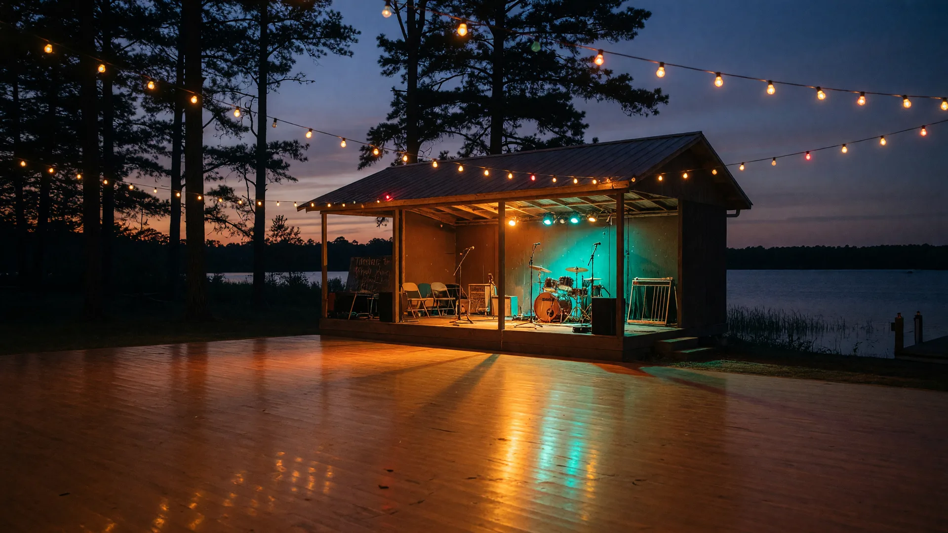 A Texas Red Dirt dance hall on a lakeshore at night with warm stage lights, string lights overhead, an open dance floor, and pines against a dark sky